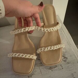 Amazon Pearl-Embellished Beige Sandals